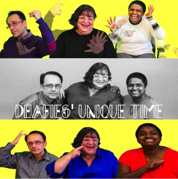 This image is of a photograph that shows three performers using sign language as a promotion for their upcoming show titled: “Deafies’ Unique Time”.