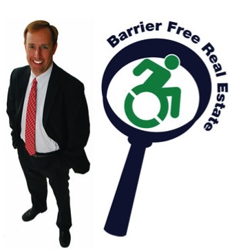 his image is of a photograph of Jeffrey standing and smiling, with his business logo next to him. The logo reads “Barrier Free Real Estate” and features the new dynamic accessibility symbol set within a magnifying glass.