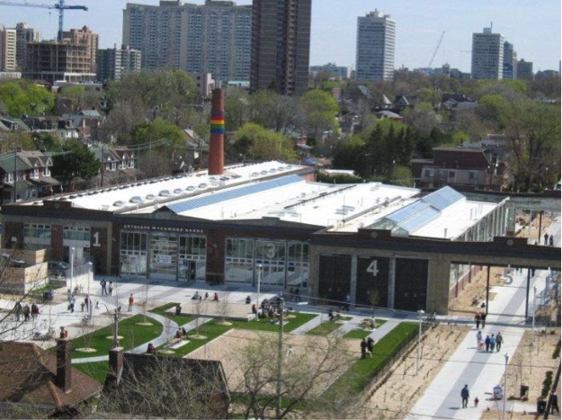 This image is of a photograph of an aerial view of the Artscape Wychwood Barns building and the grounds surrounding it. The image shows the pathways and park area. There is a chimney coming out of the building that features the PRIDE rainbow colours painted on it.